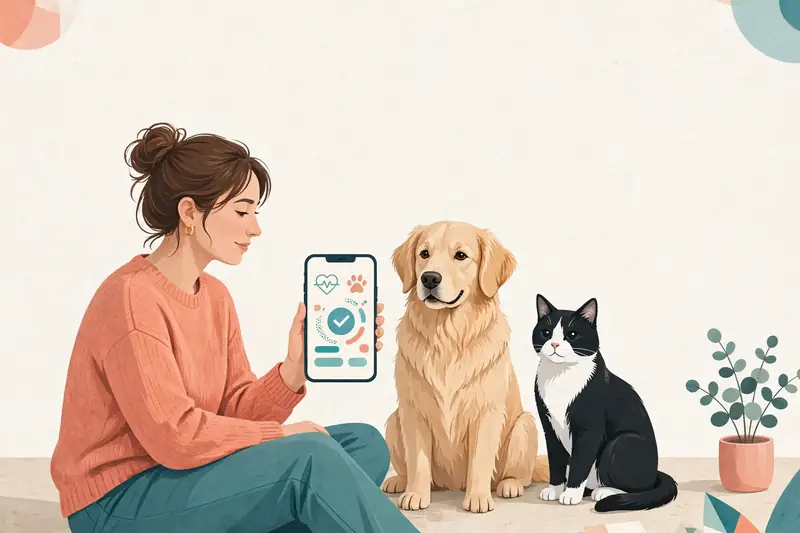 Pet owner checking a health guidance app beside her dog and cat