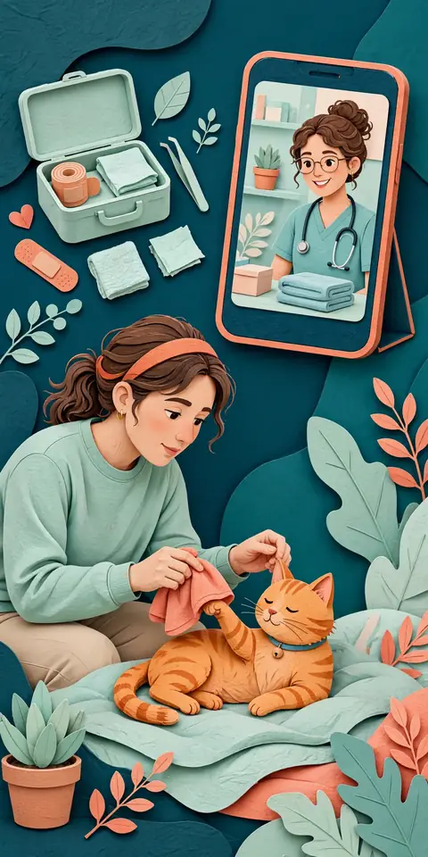 Pet owner caring for a cat while consulting a veterinarian on a phone